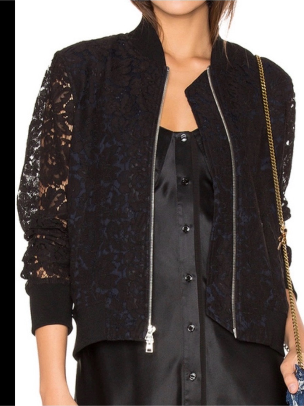 NWT Diane VonFurstenburg Lace Bomber Jacket Black Sz S